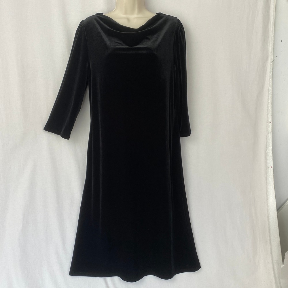 J Jill Stretch Velvet Midi Dress Womens Large Black Draped Cowl Neck Y2K LBD